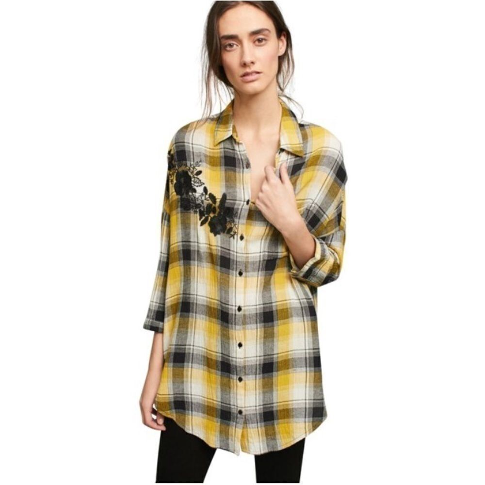 Anthropologie Yellow Black White Plaid Button-Up Blouse